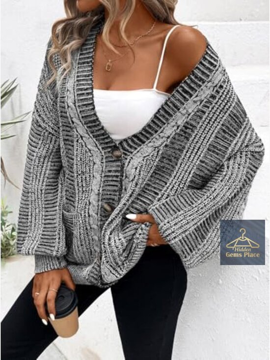 Oversized Cable Knit Cardigan Sweater Long Sleeve with Pockets - Picture 2 of 7